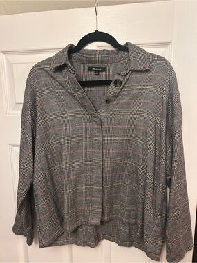 Madewell Gray Plaid Button-Down Top with Subtle Pink Accents